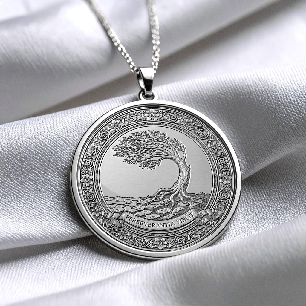 Perseverantia Vincit Necklace, Tree of Life Pendant, Latin Motto Medallion, Perseverance Conquers Jewelry
