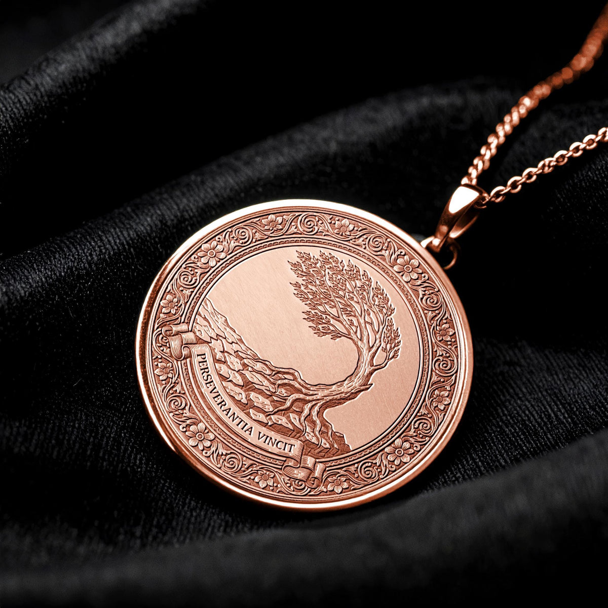 Perseverantia Vincit Necklace, Tree of Life Pendant, Latin Motto Medallion, Perseverance Conquers Jewelry
