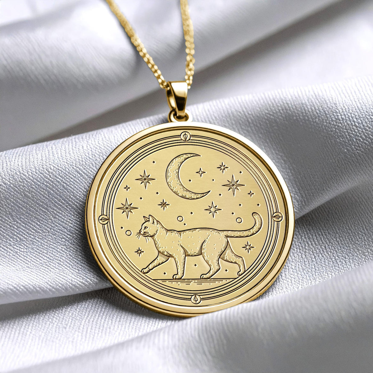 14K Gold Cat Necklace, Handmade Coin Pendant, Animal Jewelry