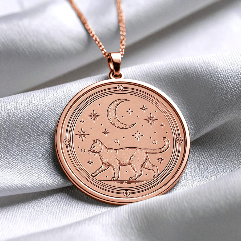 14K Gold Cat Necklace, Handmade Coin Pendant, Animal Jewelry