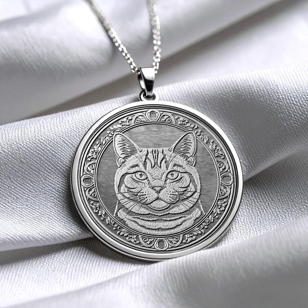 14K Gold British Shorthair Cat Necklace, Handmade Round Cat Coin Pendant