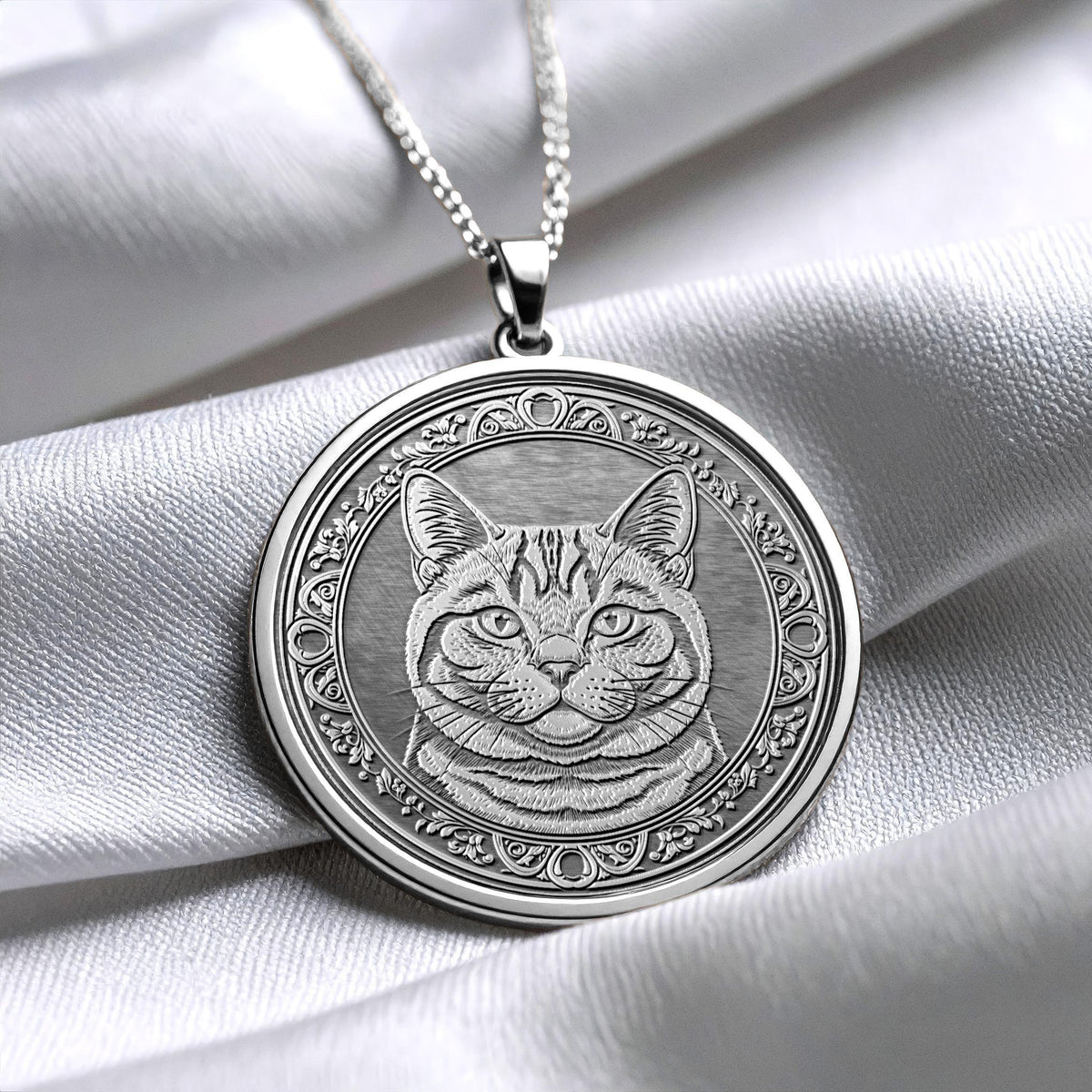 14K Gold British Shorthair Cat Necklace, Handmade Round Cat Coin Pendant