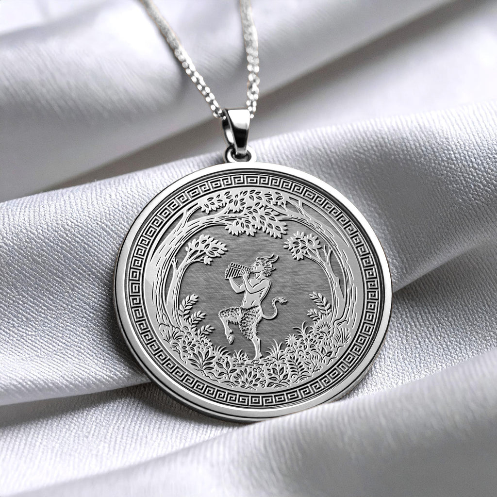 God Pan Medallion Necklace, Satyr Playing Flute, Greek Mythology Pendant