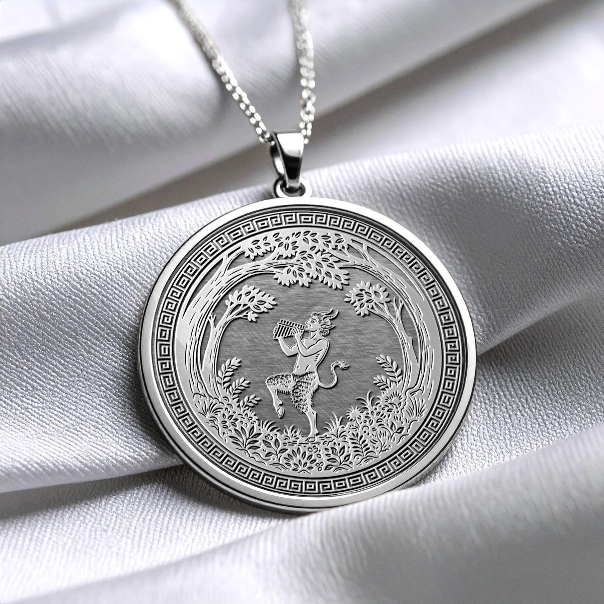God Pan Medallion Necklace, Satyr Playing Flute, Greek Mythology Pendant