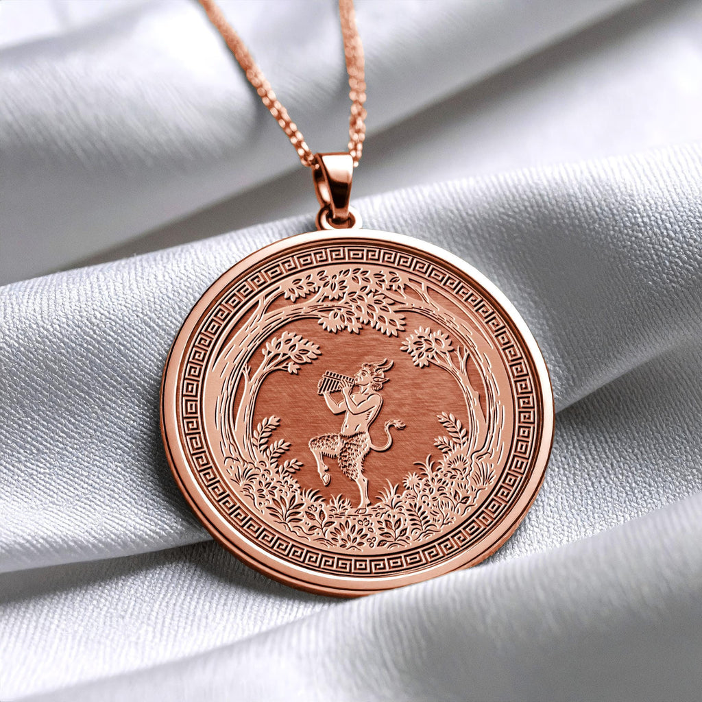 God Pan Medallion Necklace, Satyr Playing Flute, Greek Mythology Pendant