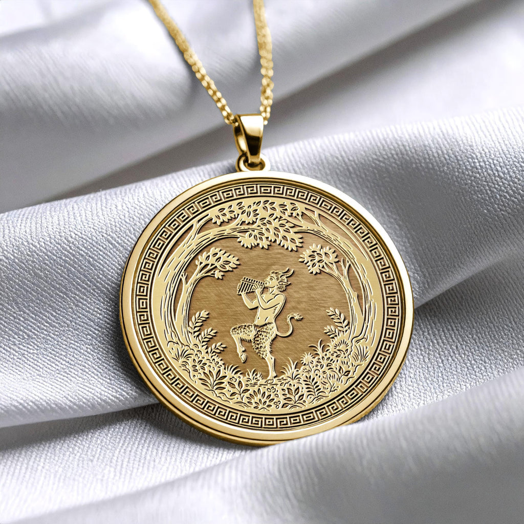 God Pan Medallion Necklace, Satyr Playing Flute, Greek Mythology Pendant