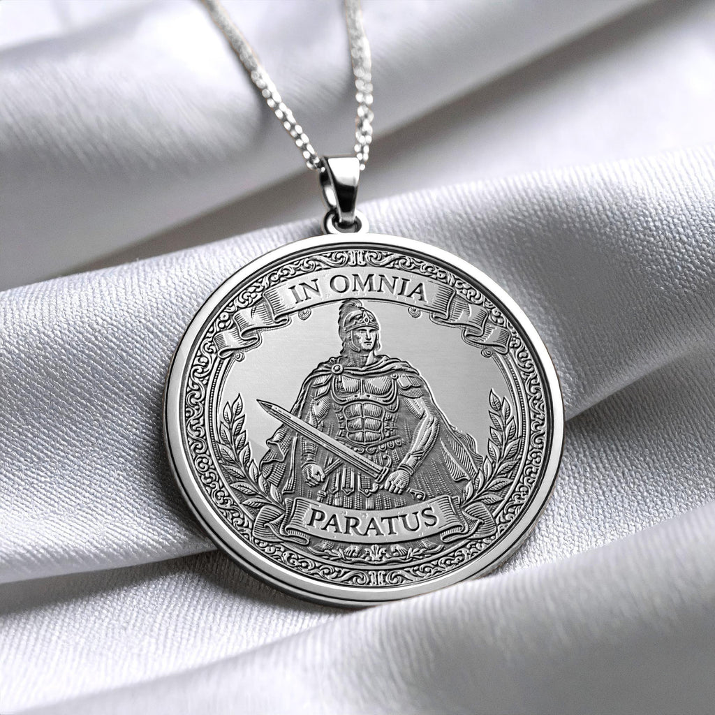 In Omnia Paratus Medallion Necklace: Eagle of Readiness, Latin Motto