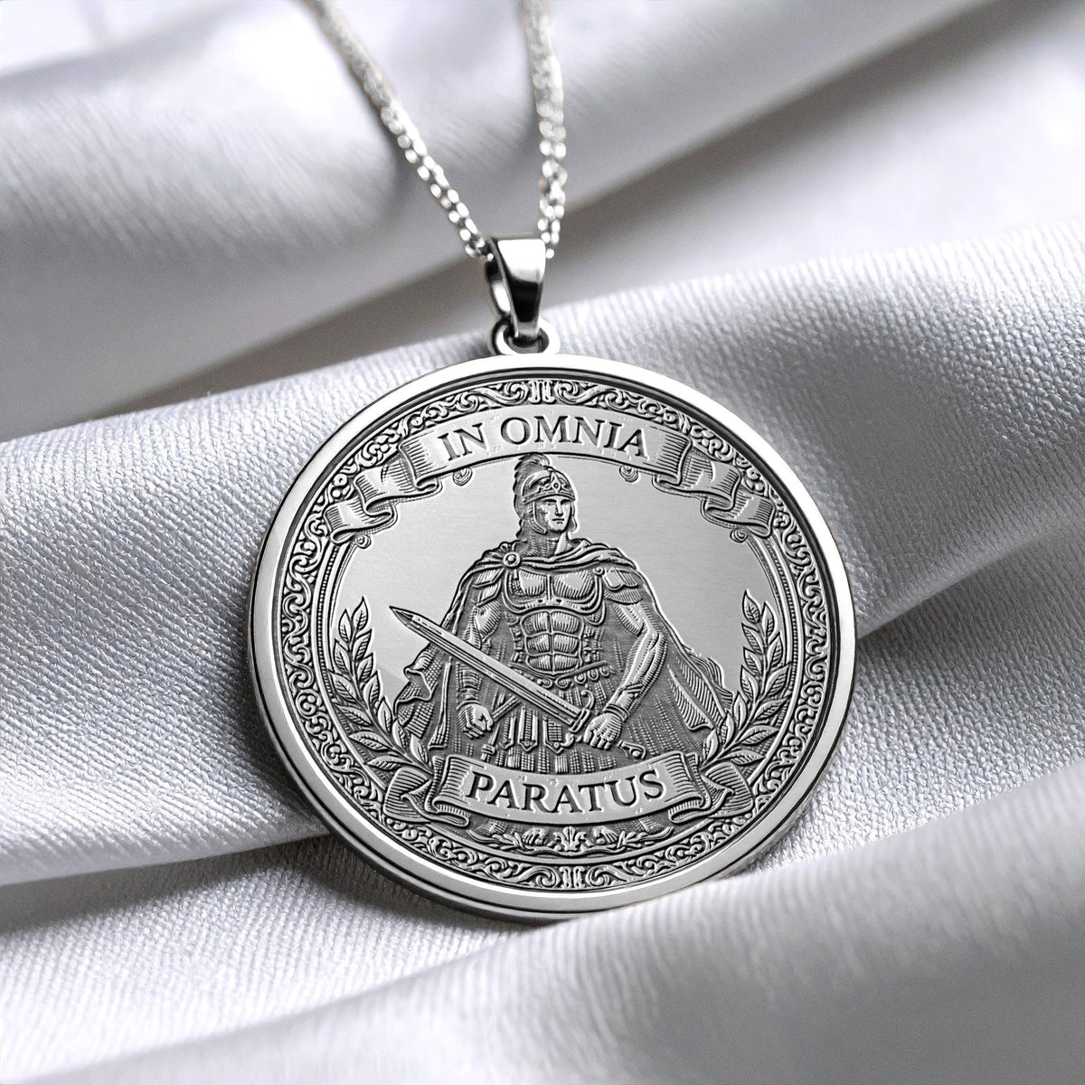 In Omnia Paratus Medallion Necklace: Eagle of Readiness, Latin Motto