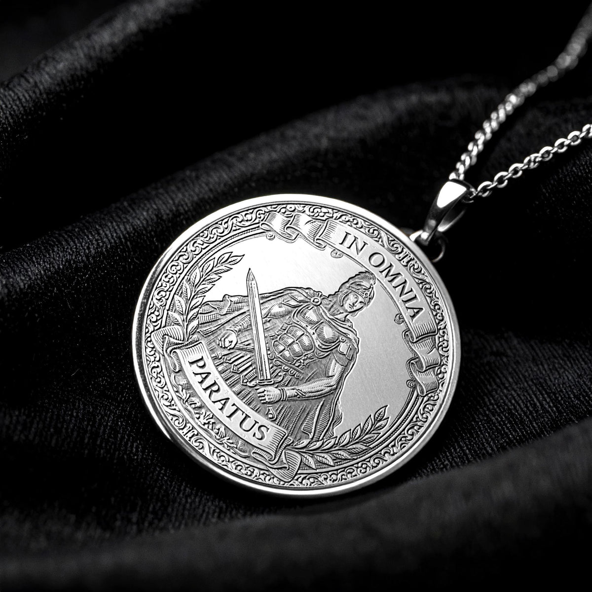 In Omnia Paratus Medallion Necklace: Eagle of Readiness, Latin Motto