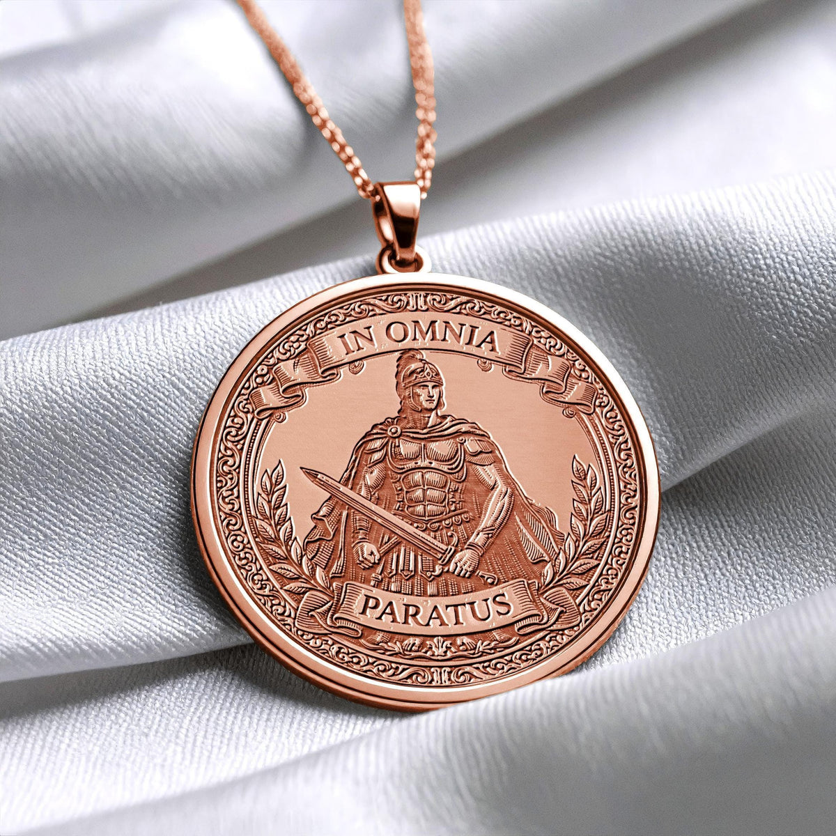In Omnia Paratus Medallion Necklace: Eagle of Readiness, Latin Motto