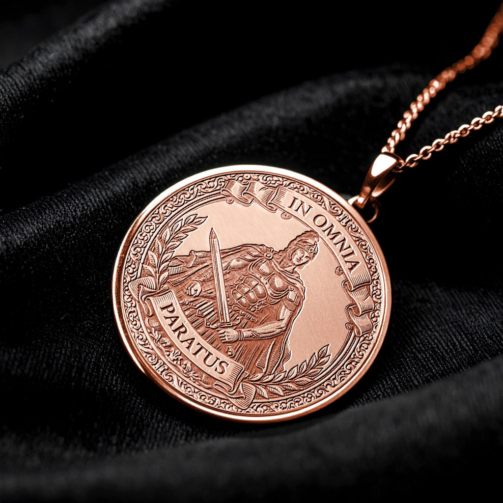 In Omnia Paratus Medallion Necklace: Eagle of Readiness, Latin Motto