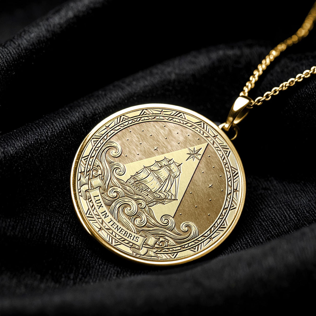 Lux in Tenebris Medallion Necklace: Ship of Hope, Latin Motto