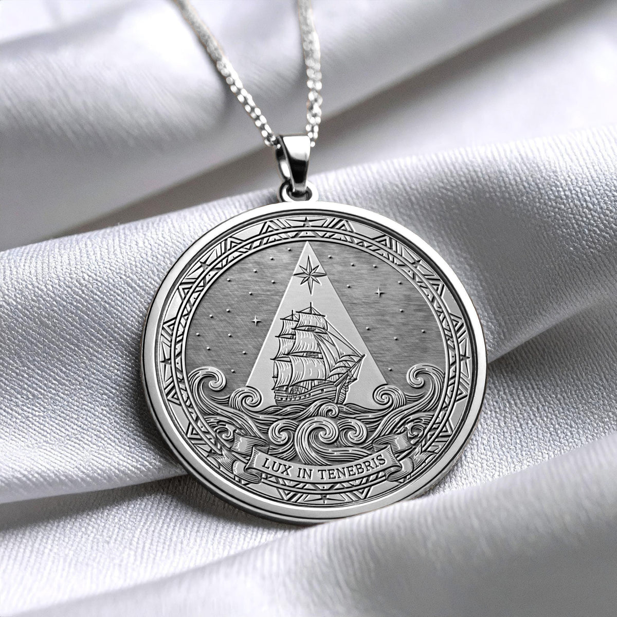 Lux in Tenebris Medallion Necklace: Ship of Hope, Latin Motto