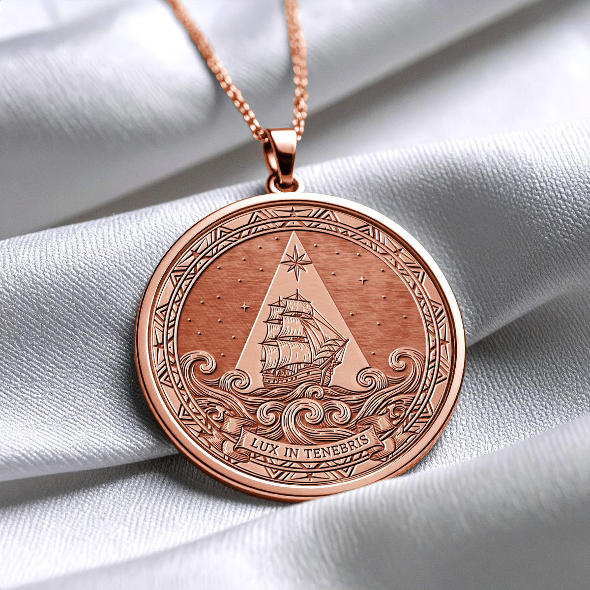 Lux in Tenebris Medallion Necklace: Ship of Hope, Latin Motto
