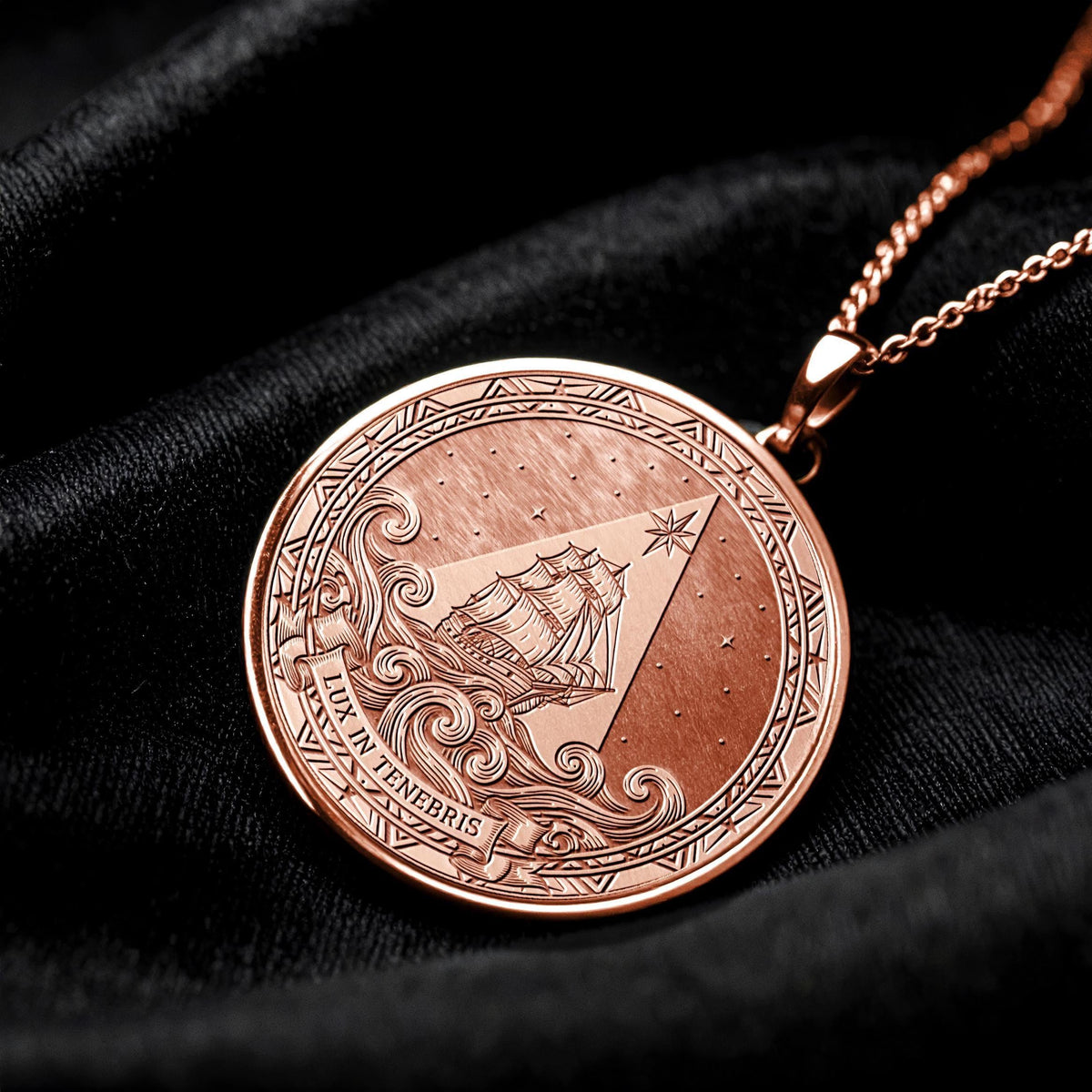 Lux in Tenebris Medallion Necklace: Ship of Hope, Latin Motto