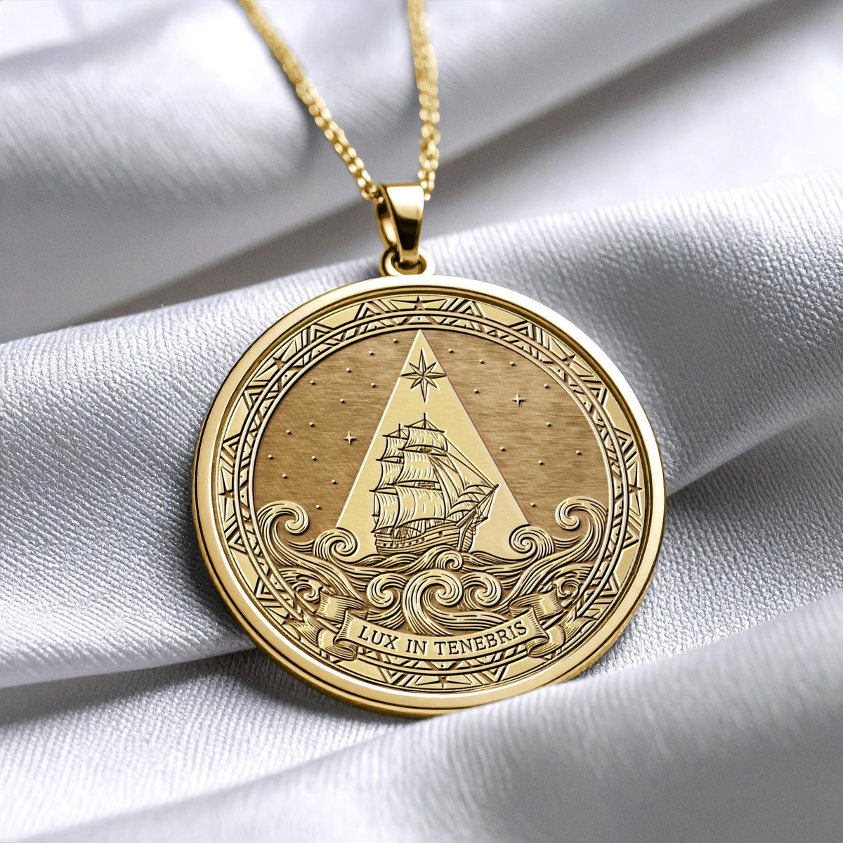 Lux in Tenebris Medallion Necklace: Ship of Hope, Latin Motto