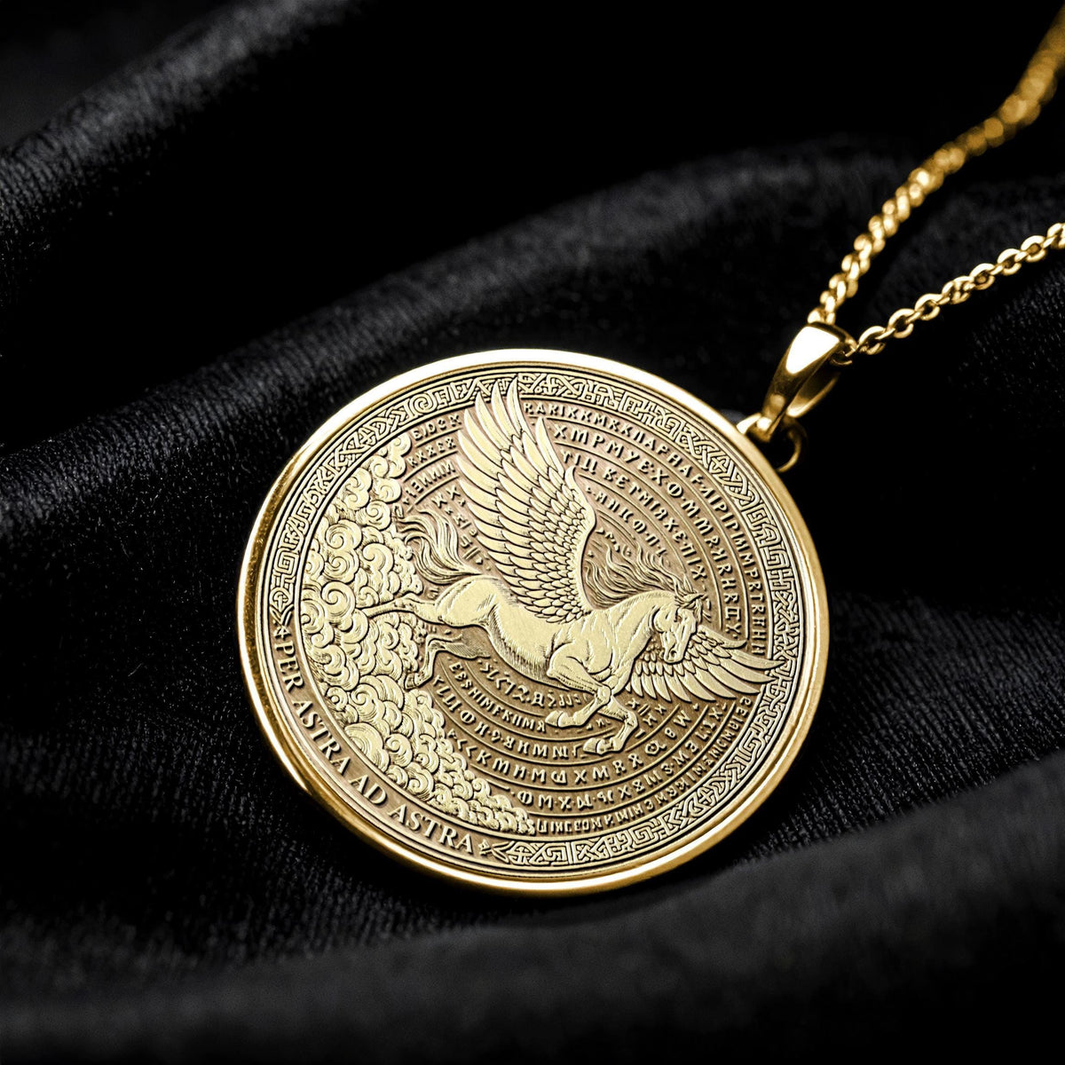 Per Aspera Ad Astra Pegasus Necklace – Latin Motto Pendant for Inspiration and Strength
