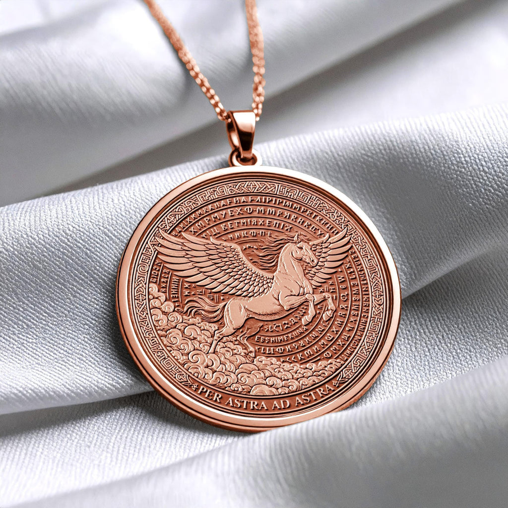 Per Aspera Ad Astra Pegasus Necklace – Latin Motto Pendant for Inspiration and Strength