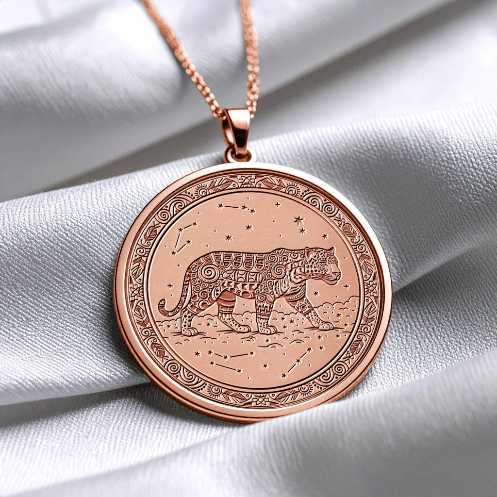 14K Gold Cosmic Jaguar Pendant: Celestial Spirit Necklace