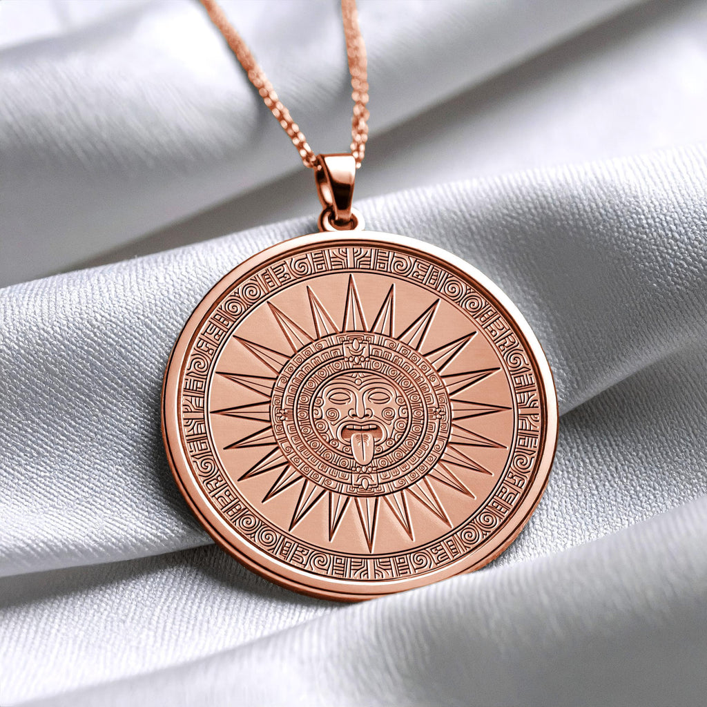 Tonatiuh Necklace , Gold Aztec Sun God Pendant, Aztec Mythology Medallion