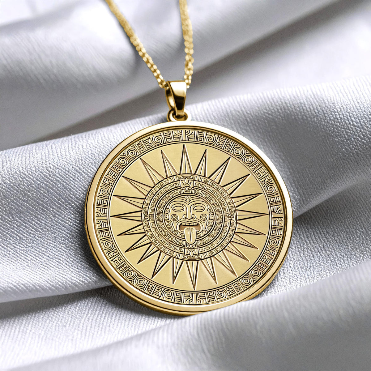 Tonatiuh Necklace , Gold Aztec Sun God Pendant, Aztec Mythology Medallion