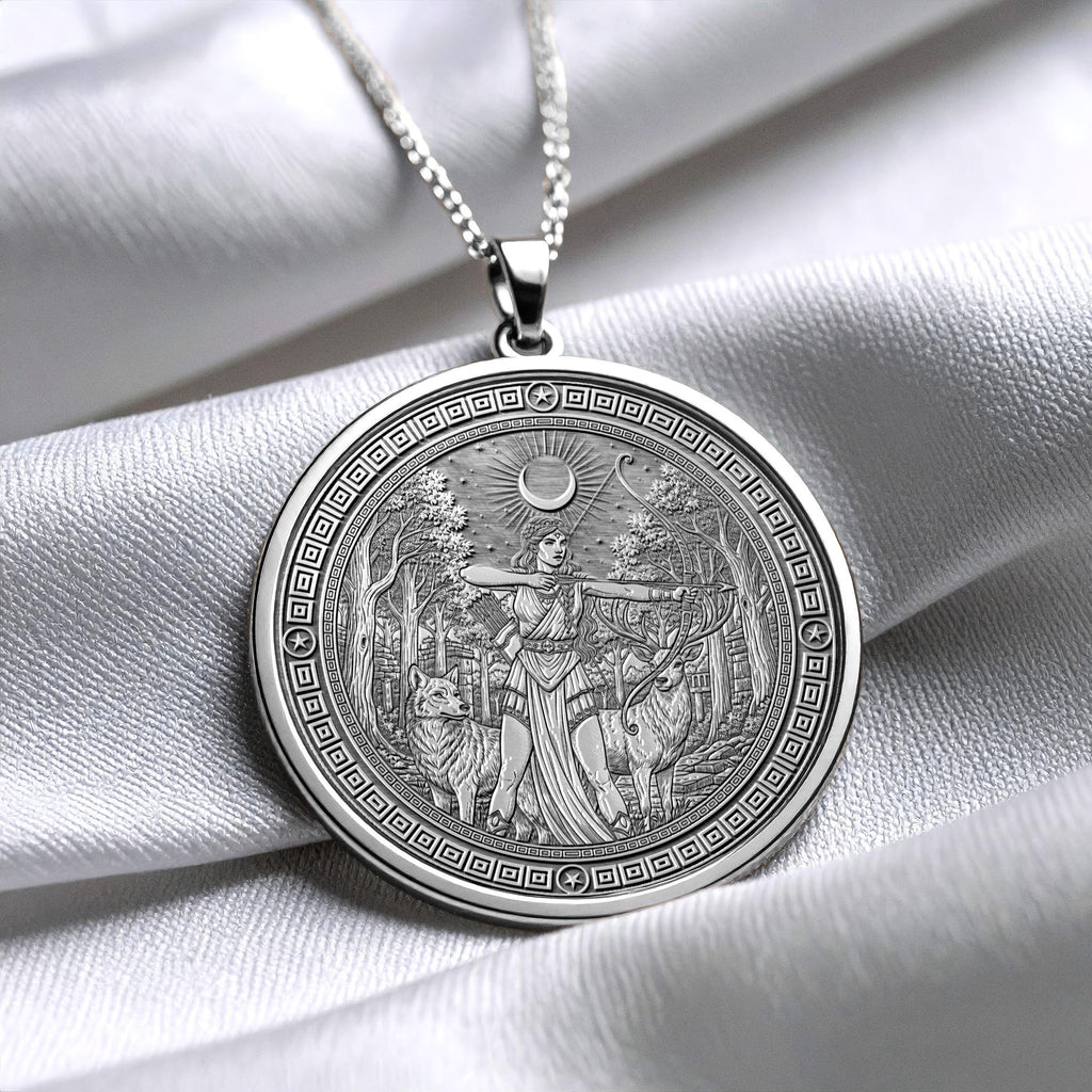 14k Solid Gold Artemis Necklace , Greek Virgin Goddess Pendant