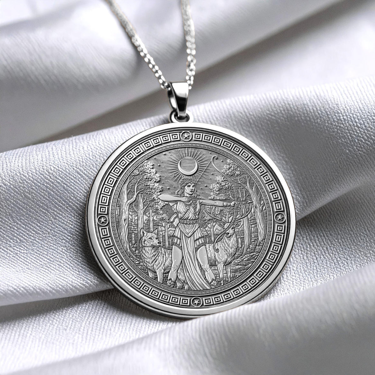 14k Solid Gold Artemis Necklace , Greek Virgin Goddess Pendant
