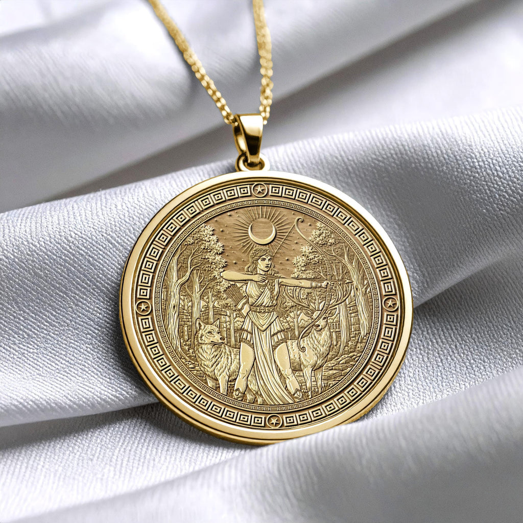14k Solid Gold Artemis Necklace , Greek Virgin Goddess Pendant