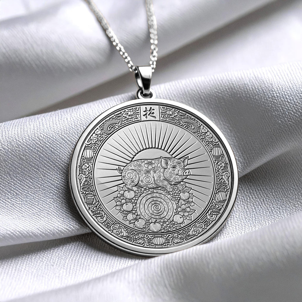 14k Gold Year of the Pig Necklace , Silver Animal Zodiac Pendant