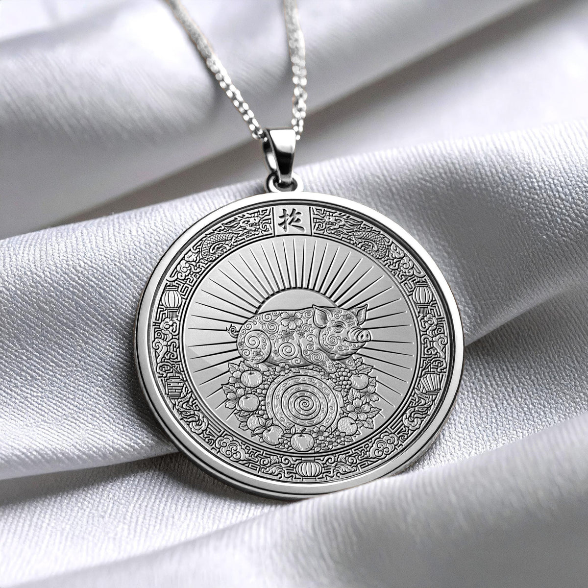 14k Gold Year of the Pig Necklace , Silver Animal Zodiac Pendant