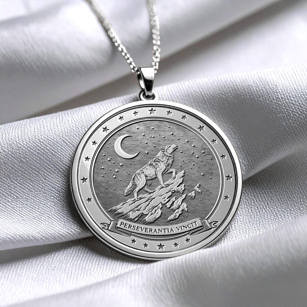 Perseverantia Vincit Wolf Necklace , Gold Latin Motto Pendant