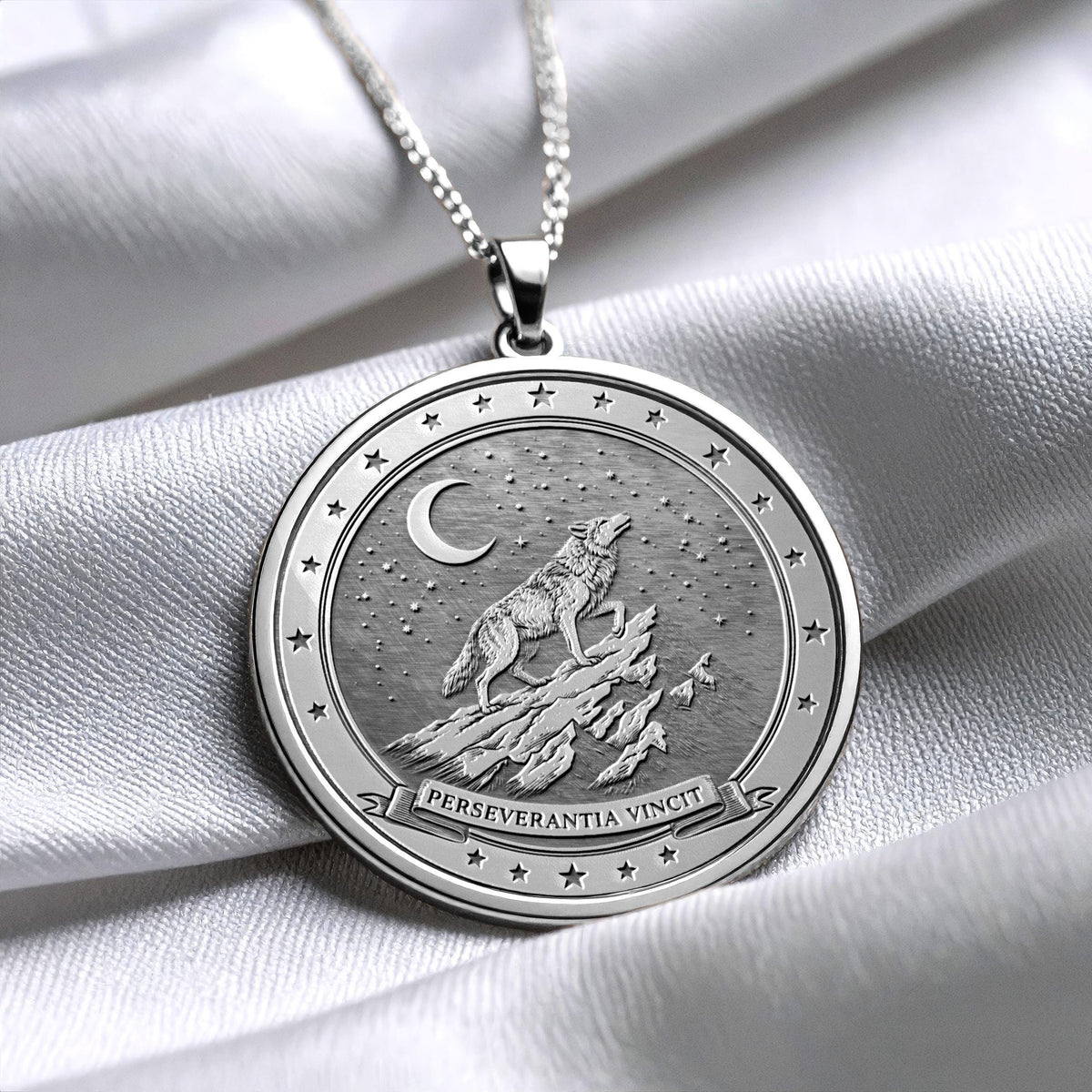 Perseverantia Vincit Wolf Necklace , Gold Latin Motto Pendant