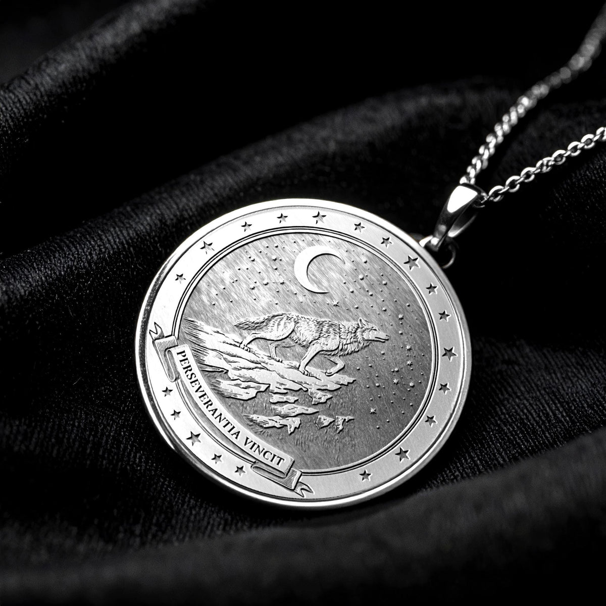 Perseverantia Vincit Wolf Necklace , Gold Latin Motto Pendant