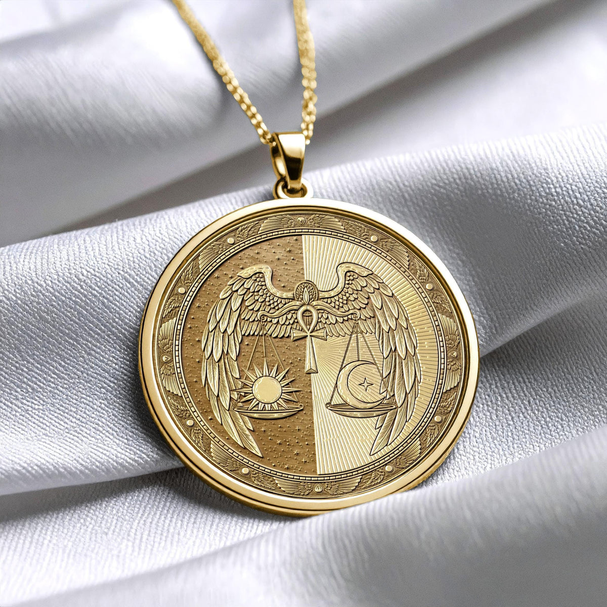 Cosmic Balance Sun & Moon Ankh Medallion – Winged Sacred Harmony Pendant