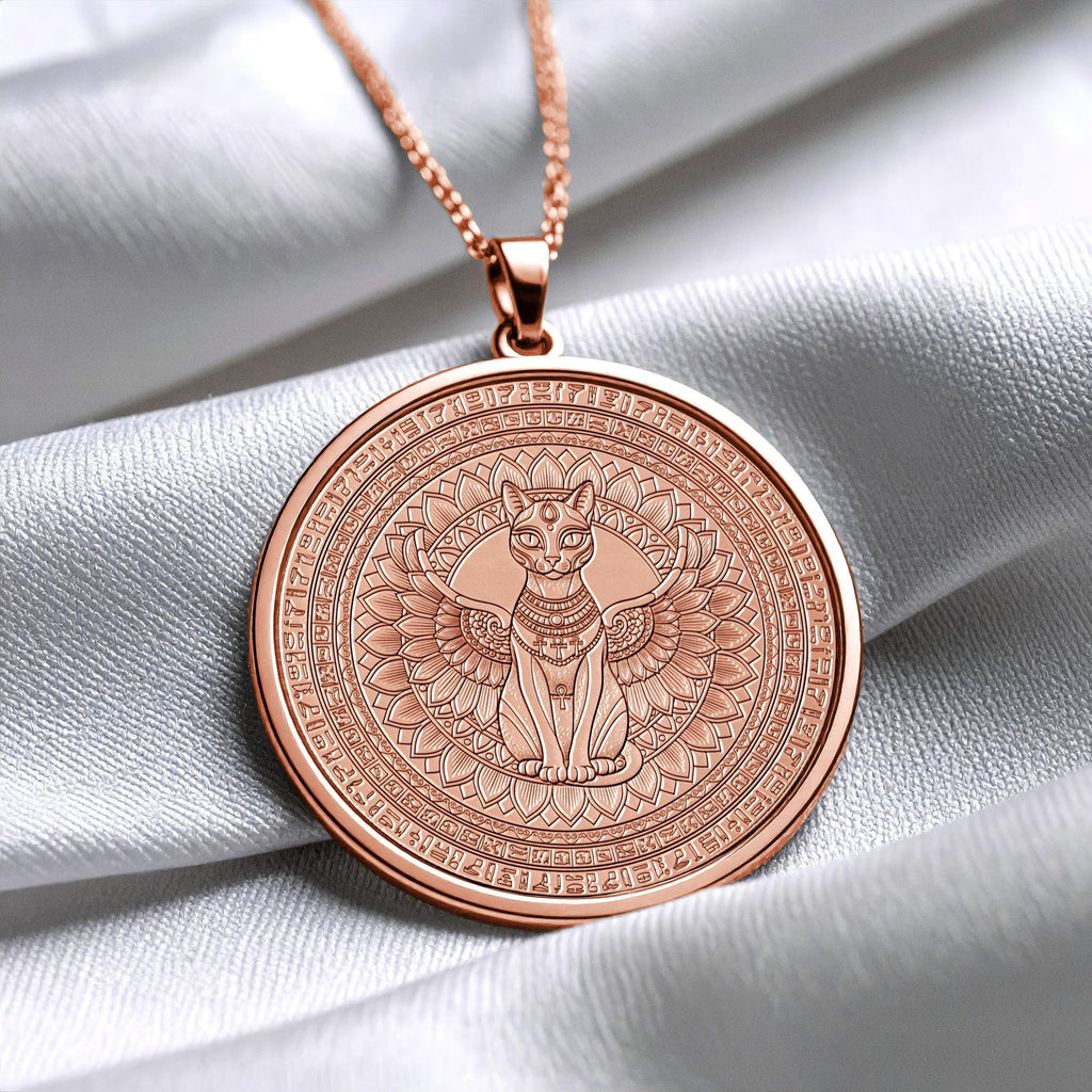 Egyptian Bastet Winged Cat Pendant – Sacred Ankh Protection Medallion
