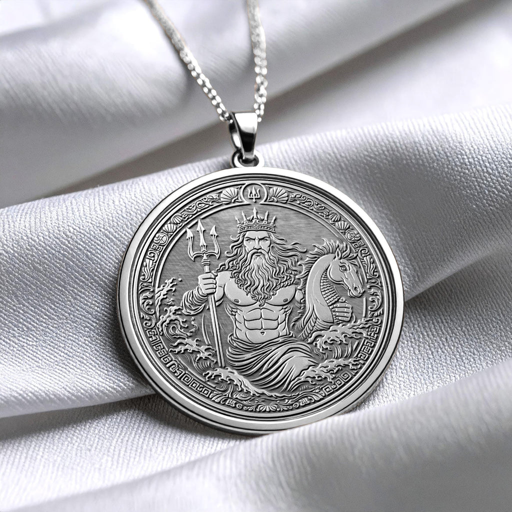 14K Solid Gold Poseidon Medallion Necklace: Greek God Ocean Talisman