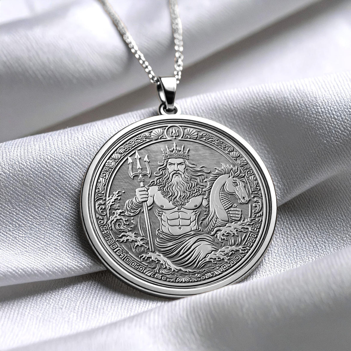 14K Solid Gold Poseidon Medallion Necklace: Greek God Ocean Talisman
