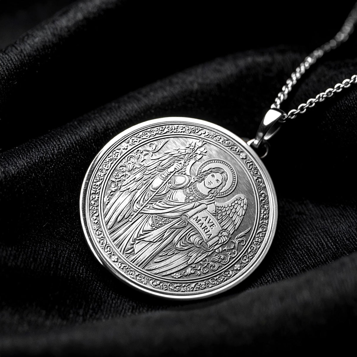 14k Solid Gold Gabriel Necklace, Silver Archangel Medallion , Guardian Jewelry