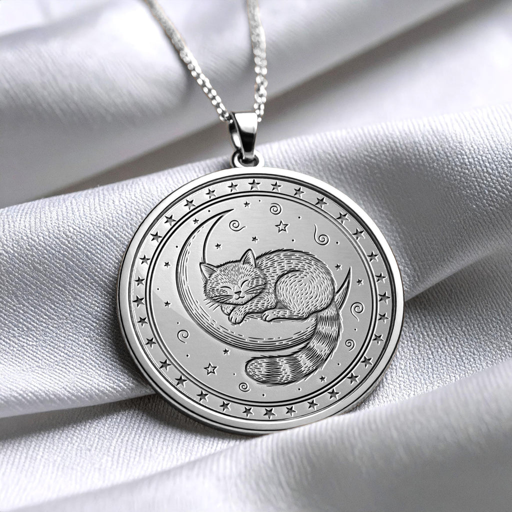 Moon Cat Medallion Necklace – Mystic Sleeping Feline Pendant