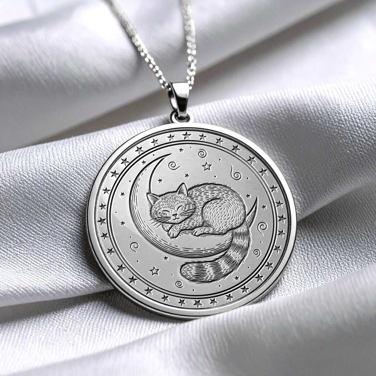 Moon Cat Medallion Necklace – Mystic Sleeping Feline Pendant