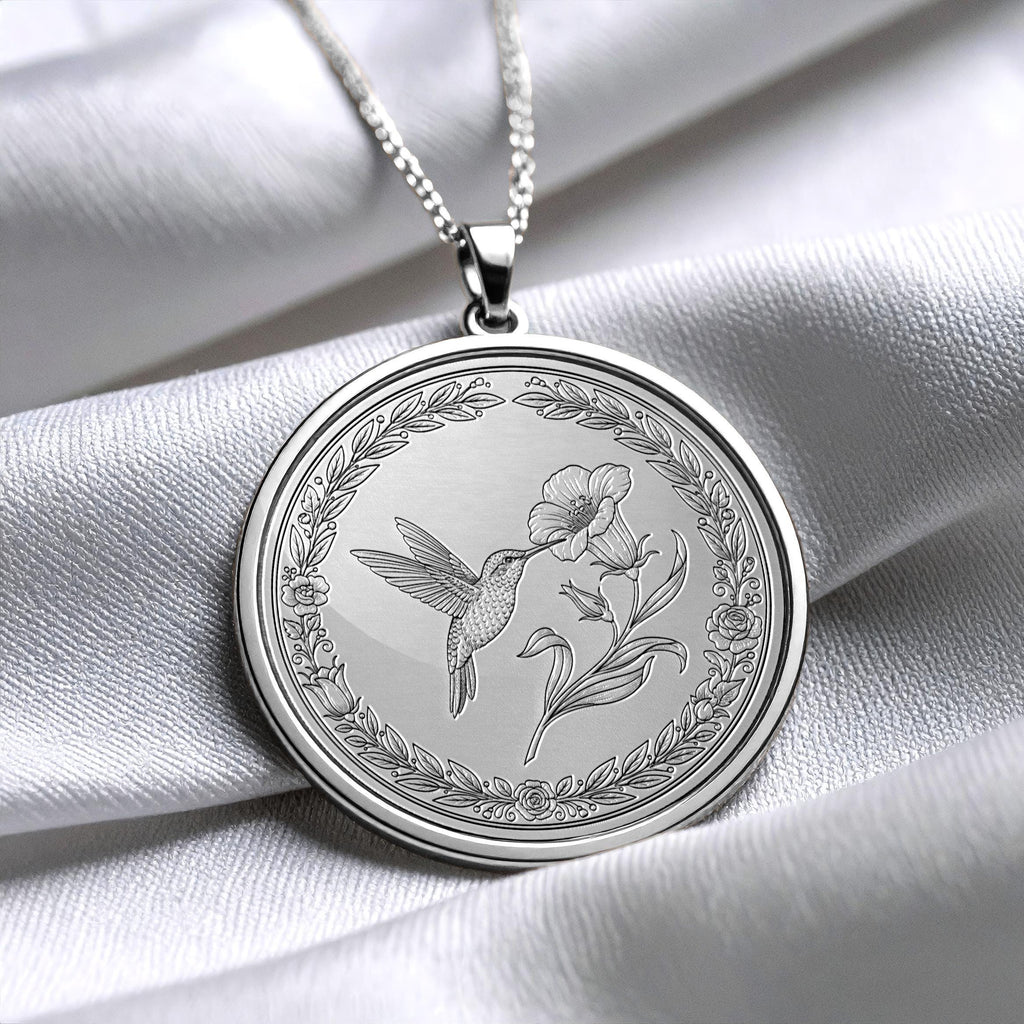 Hummingbird Medallion Necklace • Engraved Bird Charm, 14k Gold or Silver