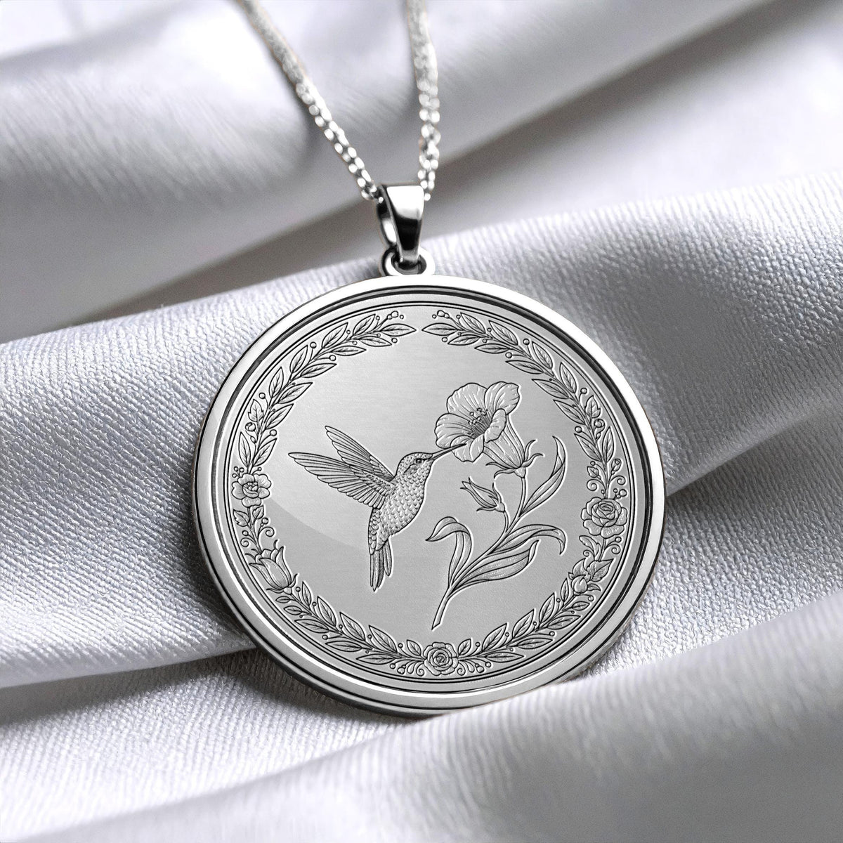 Hummingbird Medallion Necklace • Engraved Bird Charm, 14k Gold or Silver