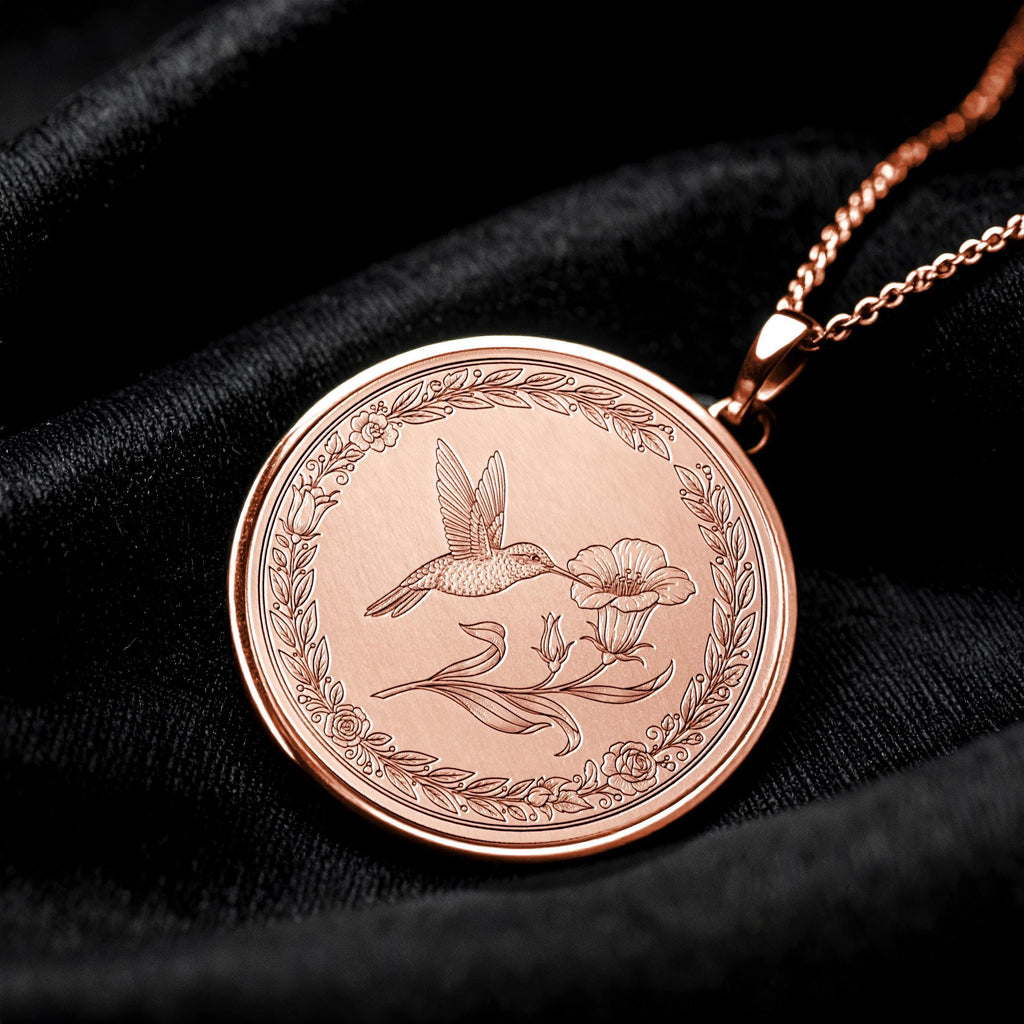 Hummingbird Medallion Necklace • Engraved Bird Charm, 14k Gold or Silver