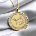 Hummingbird Medallion Necklace • Engraved Bird Charm, 14k Gold or Silver