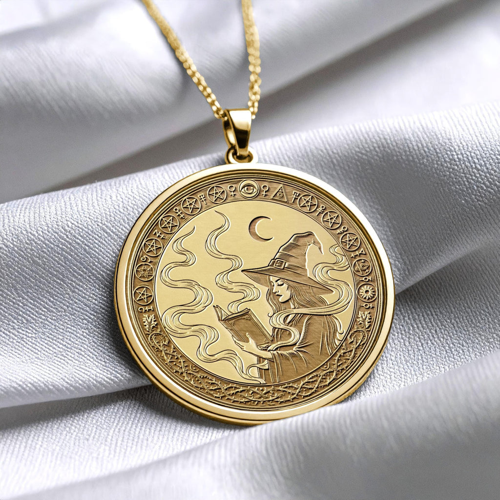 Gold Witch Charm , Book Lovers Necklace , Witchcraft Pendant Necklace