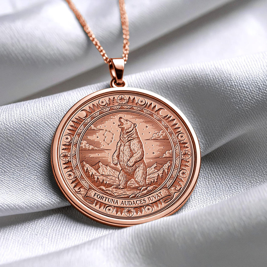 Fortuna Audaces Iuvat Pendant: Bear Necklace, Latin Motto Amulet