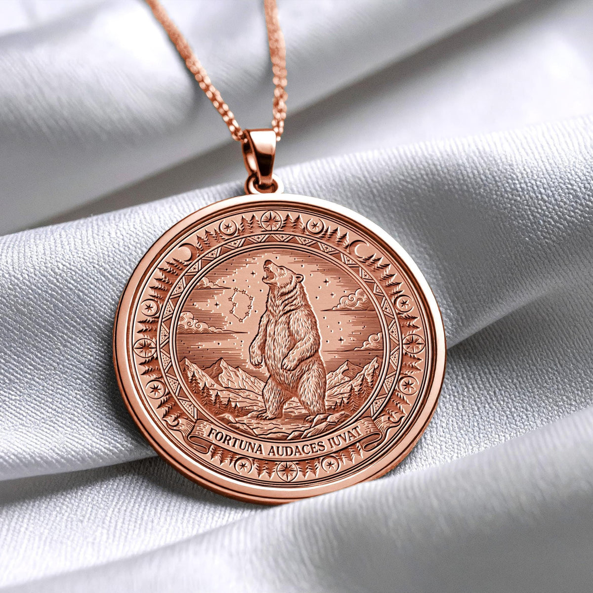 Fortuna Audaces Iuvat Pendant: Bear Necklace, Latin Motto Amulet