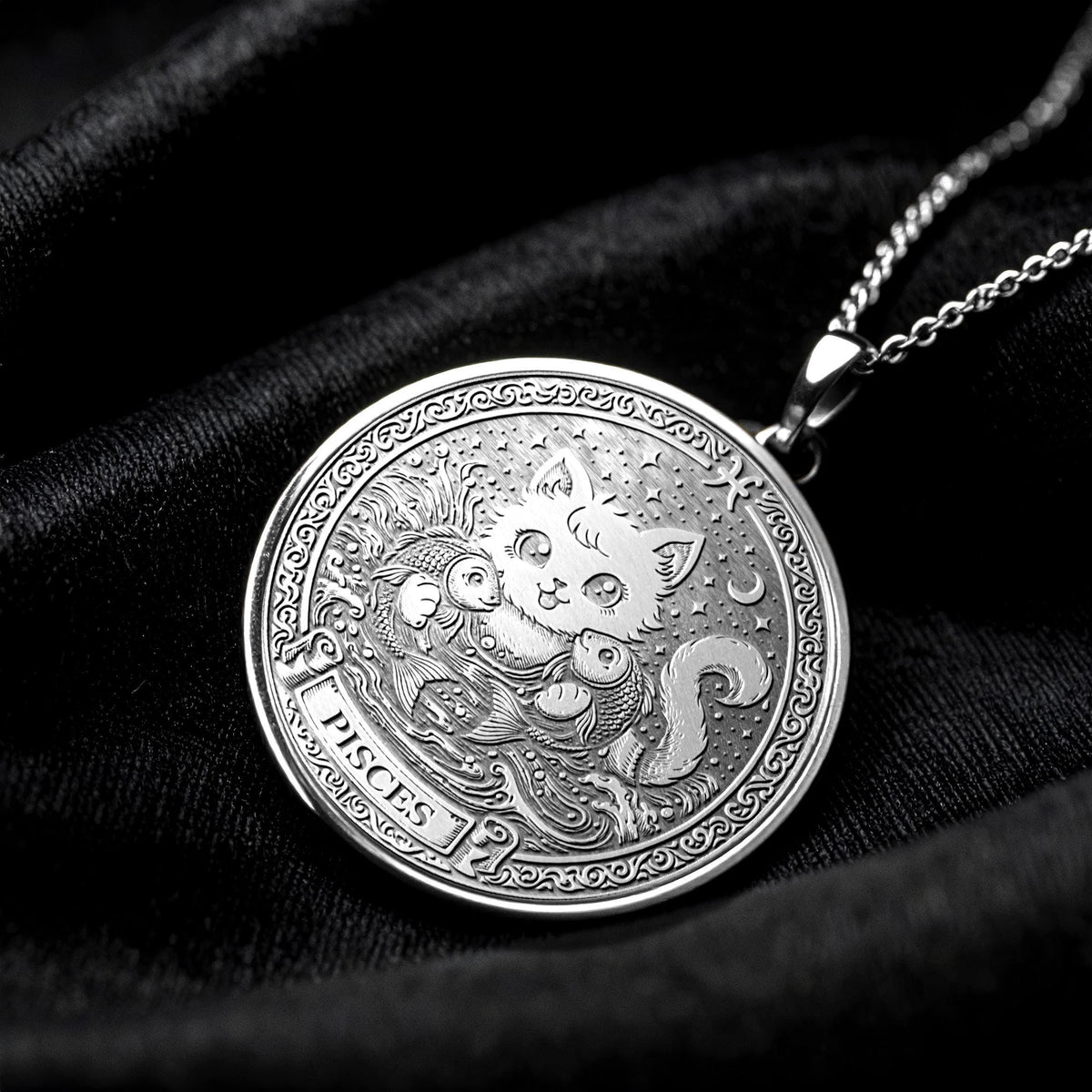 Pisces Zodiac Cat Necklace – 14K Gold Pendant, Astrology Gift