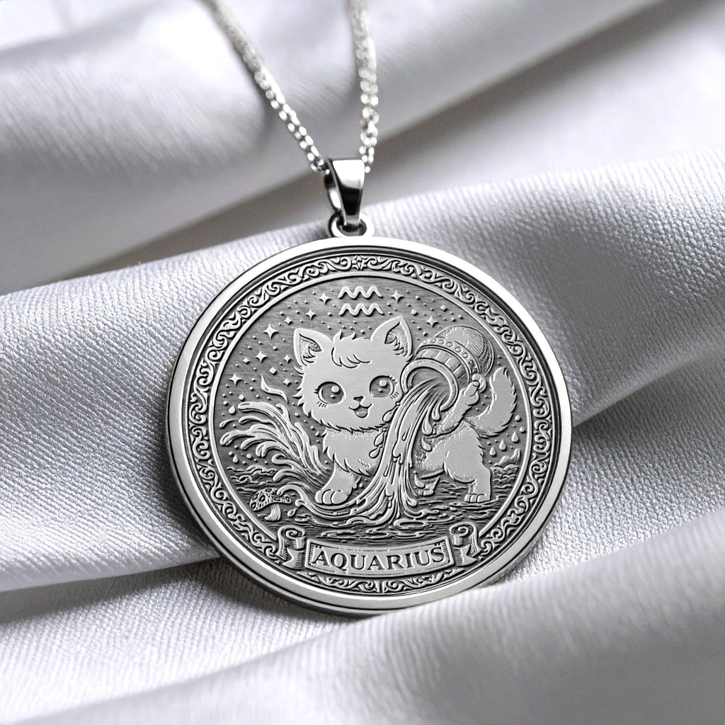 Aquarius Zodiac Cat Pendant Necklace – 14k Gold Plated, Handmade