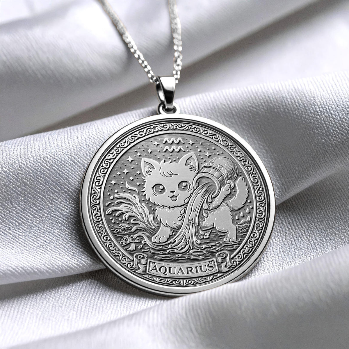 Aquarius Zodiac Cat Pendant Necklace – 14k Gold Plated, Handmade